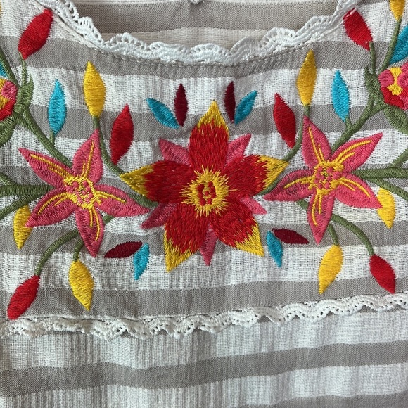 Savana Jane Womens Top Size L Tan Striped Colorful Embroidery Lace Trim Cropped - Picture 8 of 13